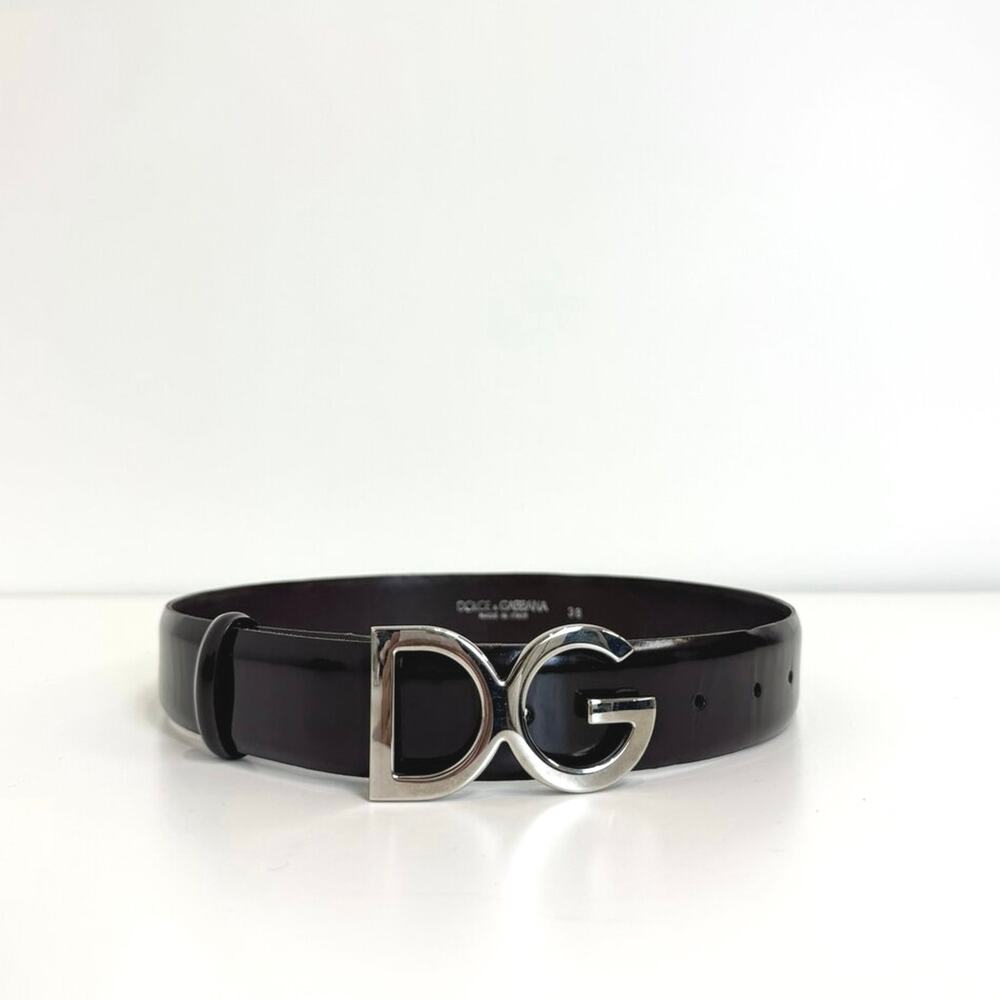 DOLCE & GABBANA Brown Patent Leather Belt Silver DG Logo Buckle 38 Italian